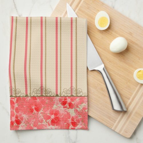 Pastel Red Flowers and Gold Lace _ Striped Towel