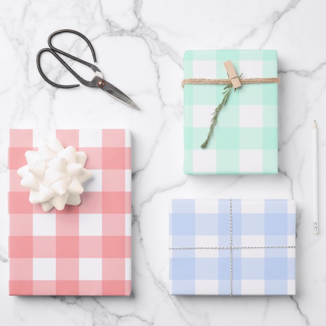 Pastel Red, Green & Blue Easter Plaid Pattern Wrapping Paper Sheets (Front)
