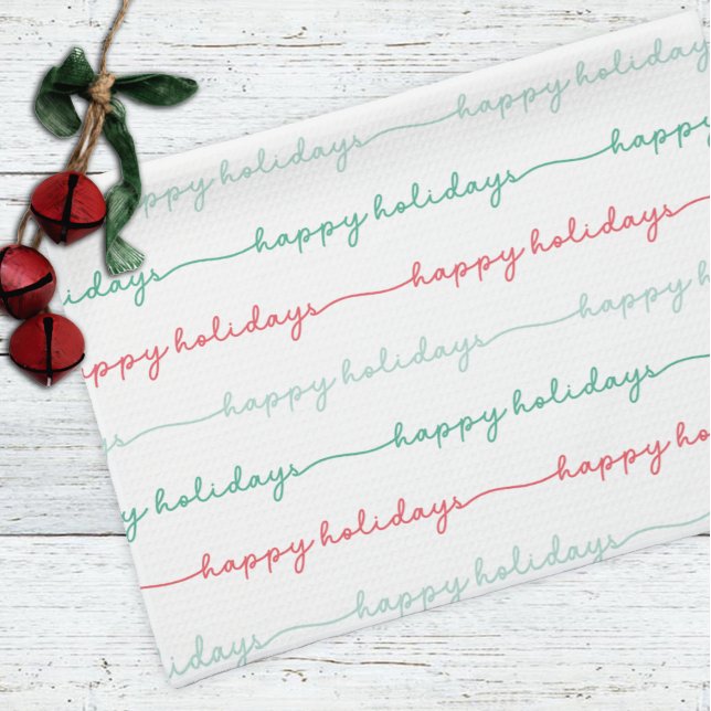 Pastel Red Green Happy Holidays Script Christmas  Kitchen Towel (Creator Uploaded)