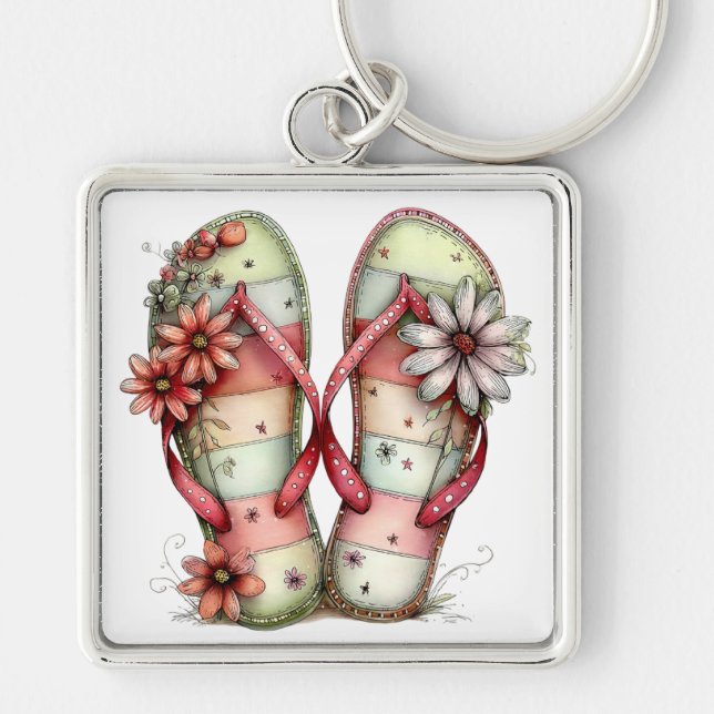 PASTEL RED & GREEN SUMMER FLIP FLOPS KEYCHAIN (Front)
