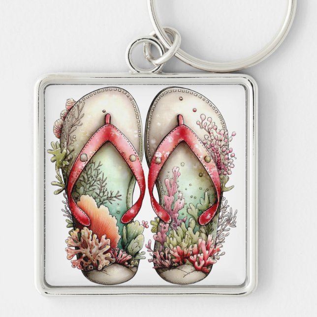 PASTEL RED & GREEN SUMMER FLIP FLOPS KEYCHAIN (Front)