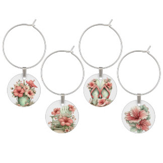 PASTEL RED & GREEN TROPICAL HIBISCUS FLOWERS WINE CHARM