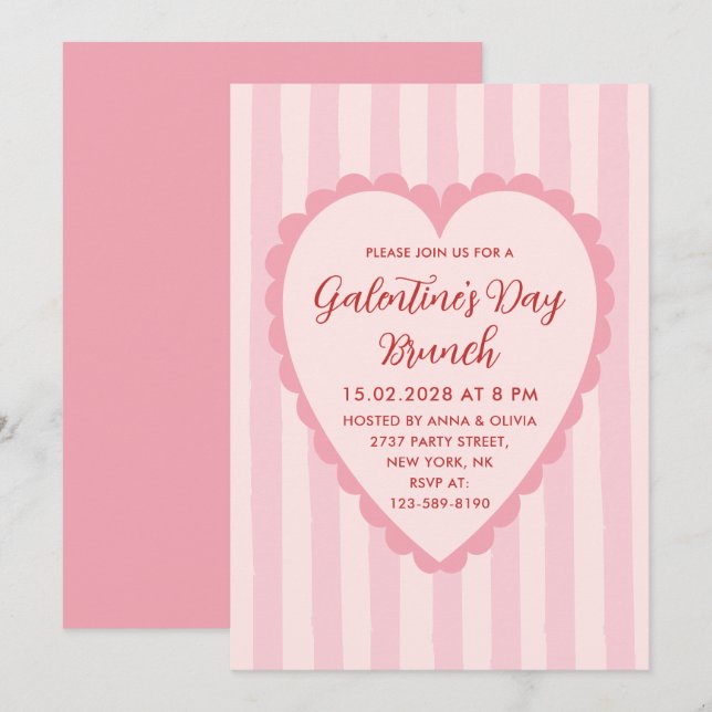 Pastel Red Pink Hand Drawn Galentine's Day Brunch Invitation (Front/Back)