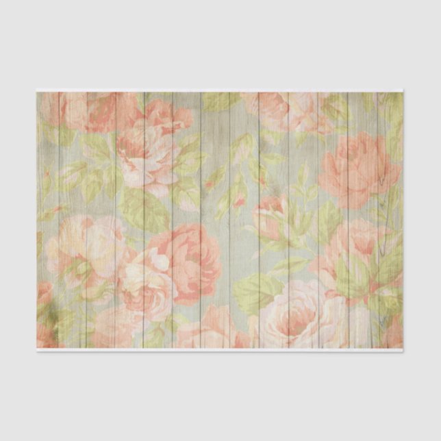 Pastel Red Pink Roses On Rustic Wood Decoupage Tissue Paper (Front)