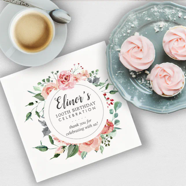 Pastel Red Rose Floral 100th Birthday Thank You Napkins | Zazzle