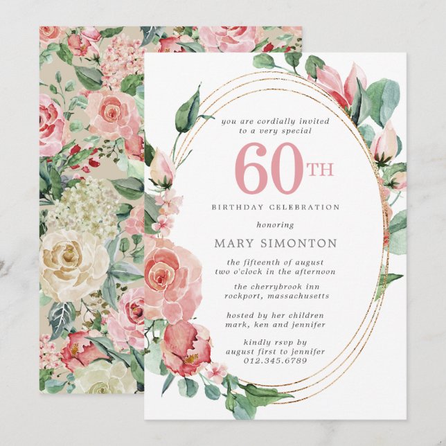 Pastel Red Rose Floral 60th Birthday Party Invitation (Front/Back)