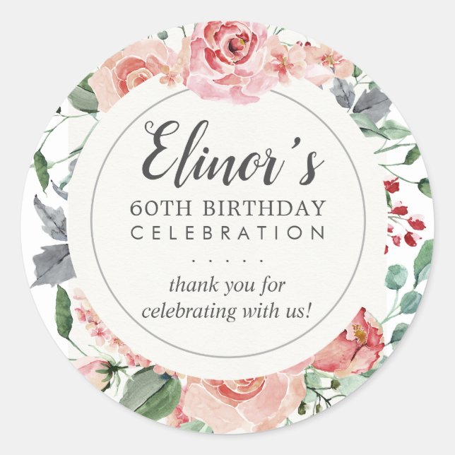 Pastel Red Rose Floral 60th Birthday Thank You Classic Round Sticker (Front)
