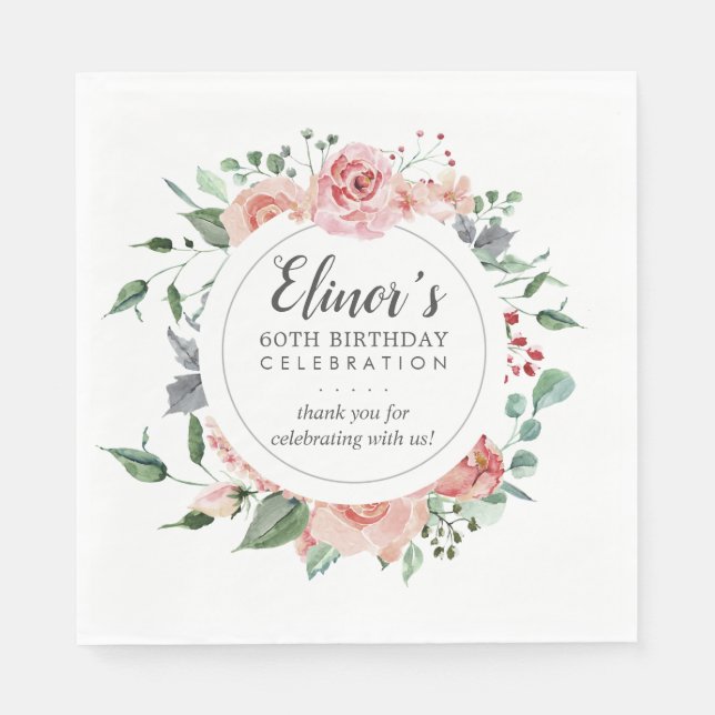Pastel Red Rose Floral 60th Birthday Thank You Napkins (Front)