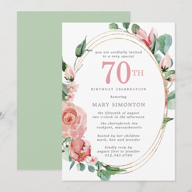 Pastel Red Rose Floral 70th Birthday Party Invitation (Front/Back)
