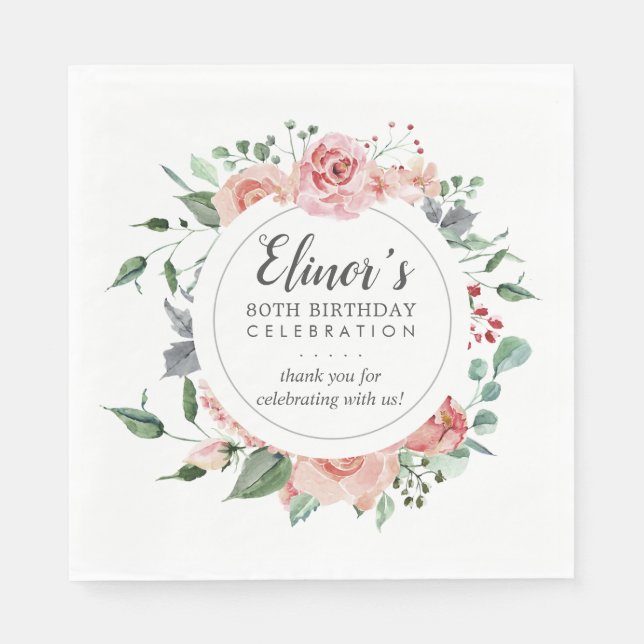 Pastel Red Rose Floral 80th Birthday Thank You Napkins (Front)