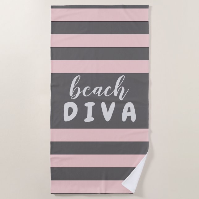 Pastel Red Stripes with Custom Text Beach DIVA Towel (Front)