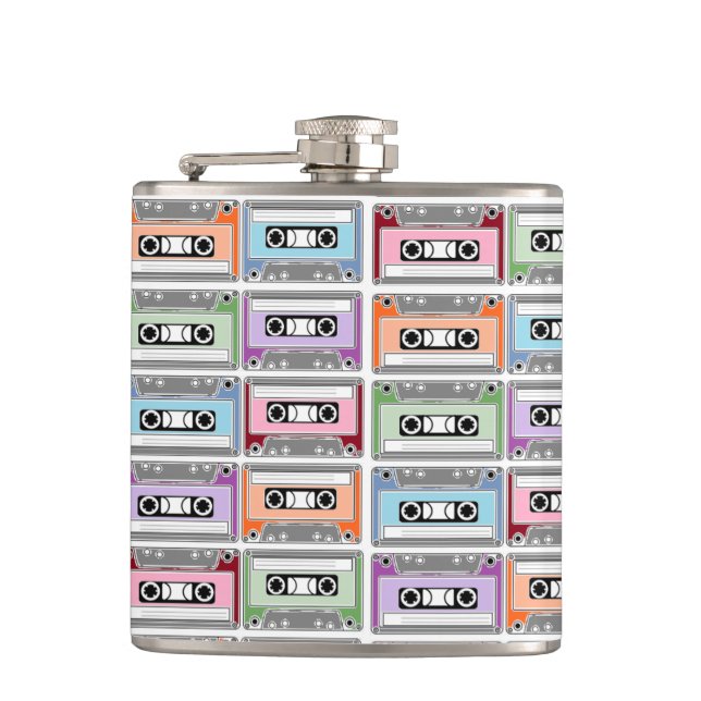 Pastel Retro Cassette Tapes Pattern Flask (Front)