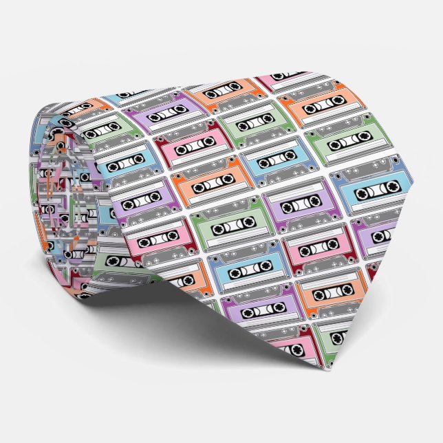 Pastel Retro Cassette Tapes Pattern Neck Tie (Rolled)
