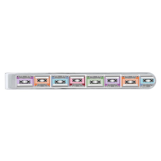 Pastel Retro Cassette Tapes Pattern Silver Finish Tie Bar (Front)