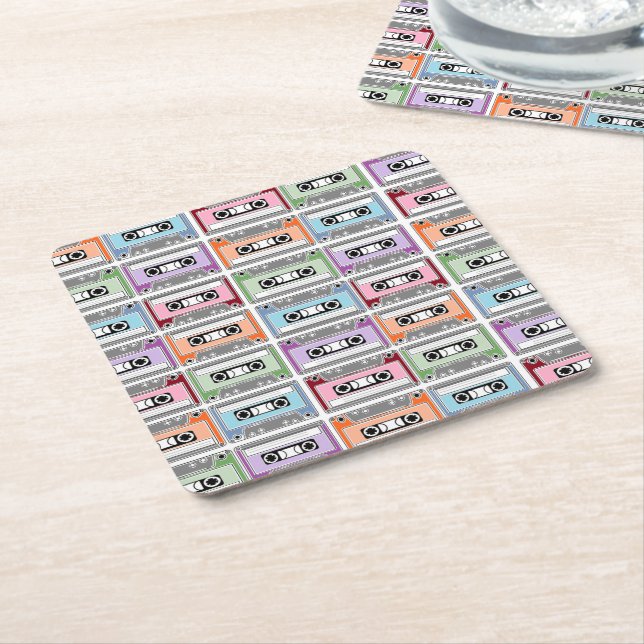 Pastel Retro Cassette Tapes Pattern Square Paper Coaster (Angled)