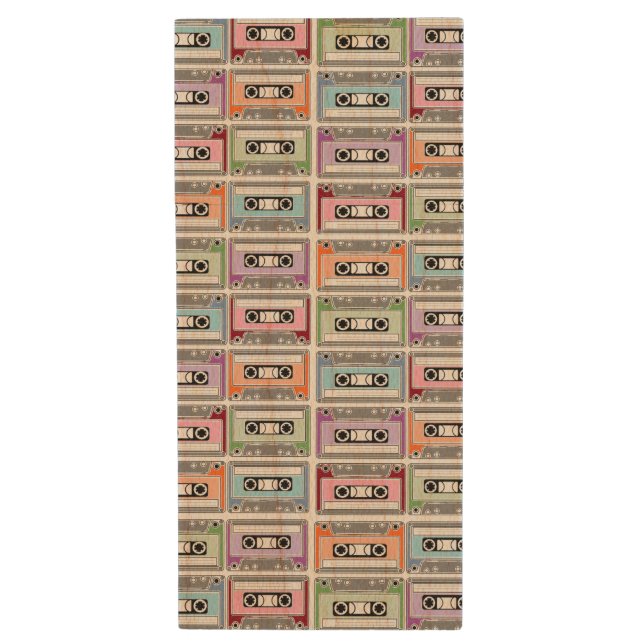 Pastel Retro Cassette Tapes Pattern Wood Flash Drive (Front Vertical)