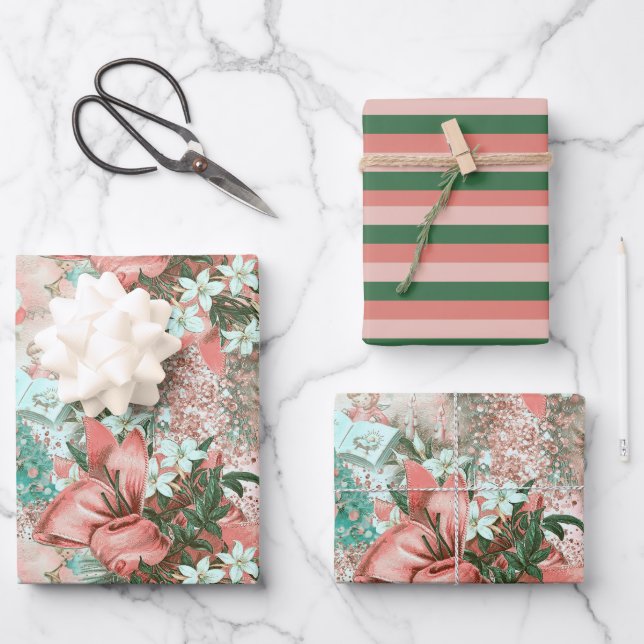 Pastel Retro Christmas Vignette Wrapping Paper Sheets (Front)