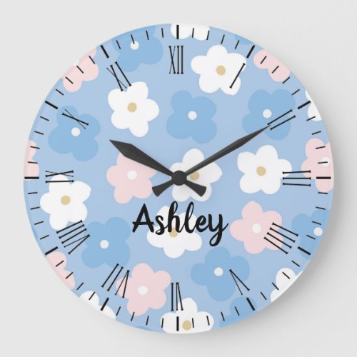 Pastel Retro Flowers on Blue Large Clock