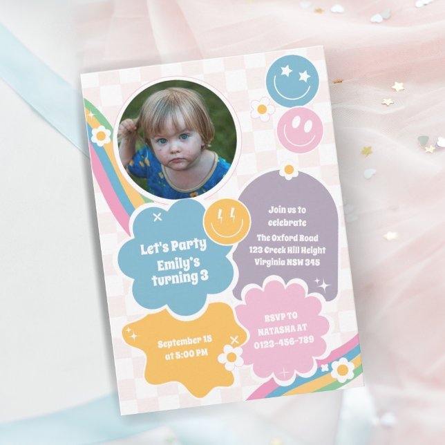 Pastel Retro Groovy Smiles Photo Birthday  Invitation (Creator Uploaded)