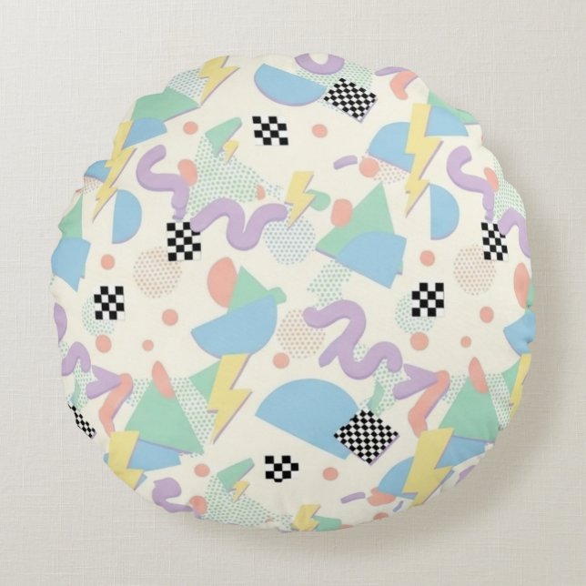 Pastel Retro Memphis Pattern Swirls Round Pillow (Front)