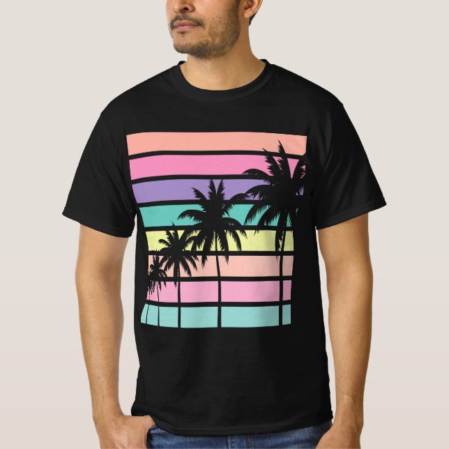 Pastel Retro Palm Tree, Palm Tree Beach  T-Shirt (Front)