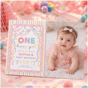 Pastel Retro Paper Chains Girl 1st Birthday Photo Invitation