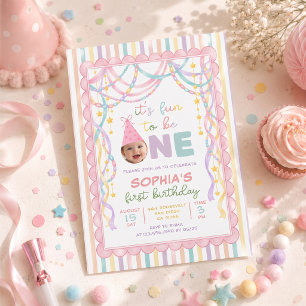 Pastel Retro Paper Chains Girl 1st Birthday Photo Invitation