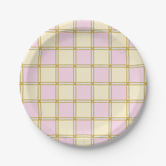 Pastel Retro Pink, Blue and Yellow Checkers Paper Plates (Front)