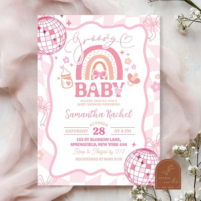 Pastel Retro Rainbow Groovy Baby Shower Invitation (Creator Uploaded)