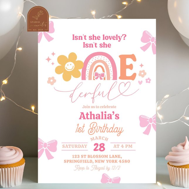Pastel Retro Rainbow Onederful 1st Birthday Invitation (Creator Uploaded)
