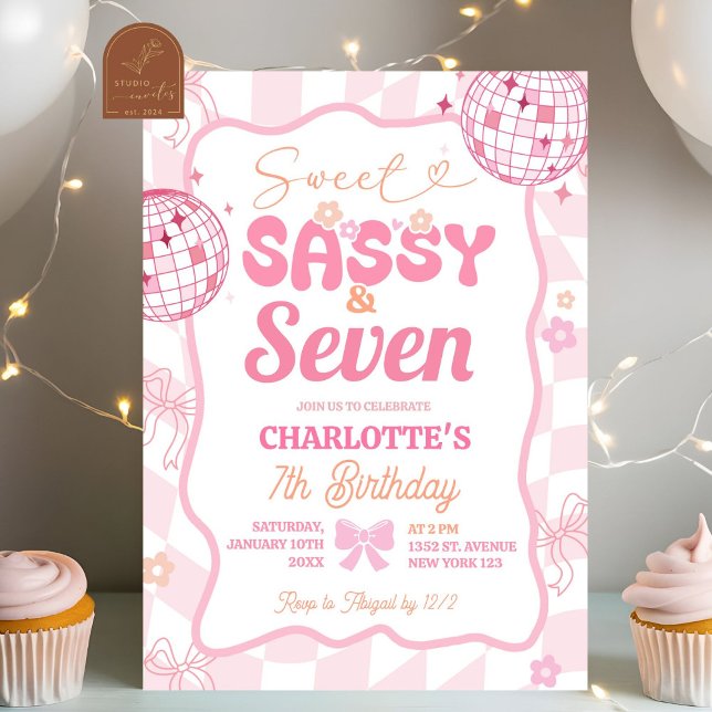 Pastel Retro Rainbow Sassy Sweet Sassy Seven Invitation (Creator Uploaded)