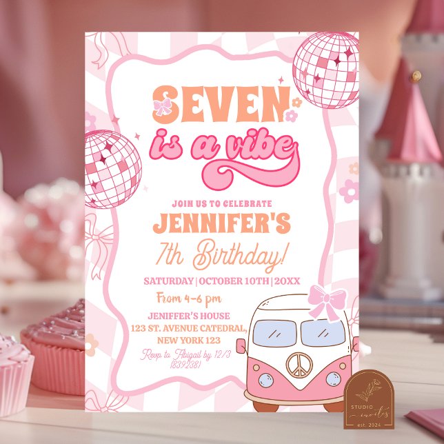Pastel Retro Seven is a vibe Van Groovy birthday Invitation (Creator Uploaded)