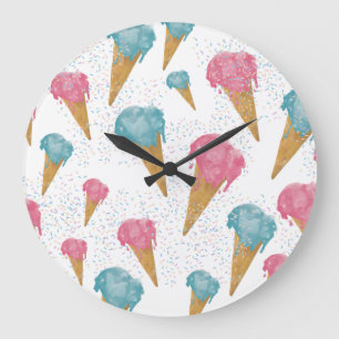 Pastel Retro Watercolor Ice Cream & Sprinkles  Large Clock