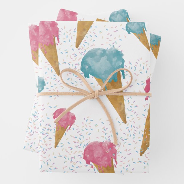 Pastel Retro Watercolor Ice Cream & Sprinkles Wrapping Paper Sheets (In situ)