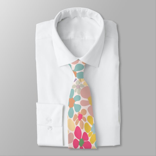 Pastel Retro Wavy Flowers Neck Tie (Tied)