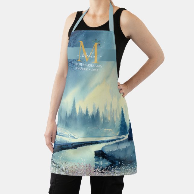 Pastel river pineforest artsy blue custom Monogram Apron (Insitu)