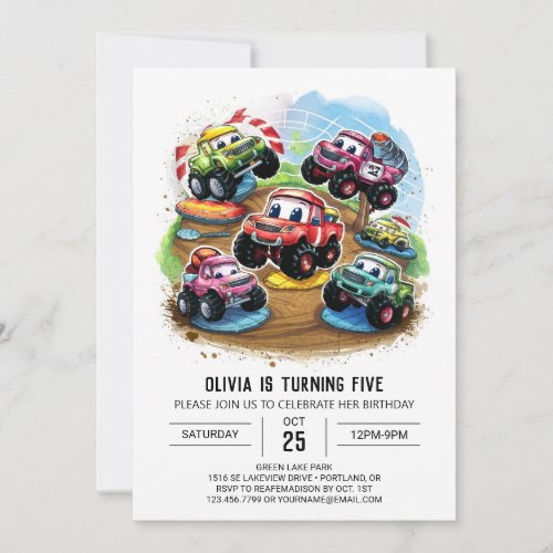 Pastel Road Monster Truck Birthday Invitation