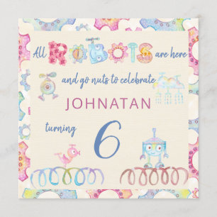 Pastel robots birthday kids party invitation