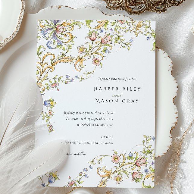 Pastel Rococo Scrollwork Floral Wedding Invitation (Creator Uploaded)