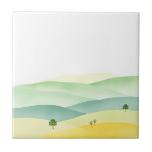 Pastel Rolling Hills Watercolor with Muted Greens Ceramic Tile