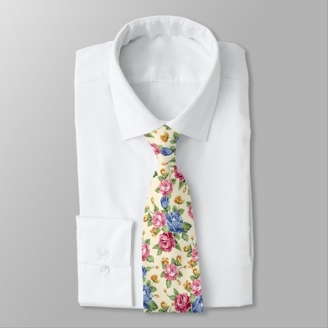 Pastel Romantic blossom Pink, Red, Blue Roses name Neck Tie (Tied)