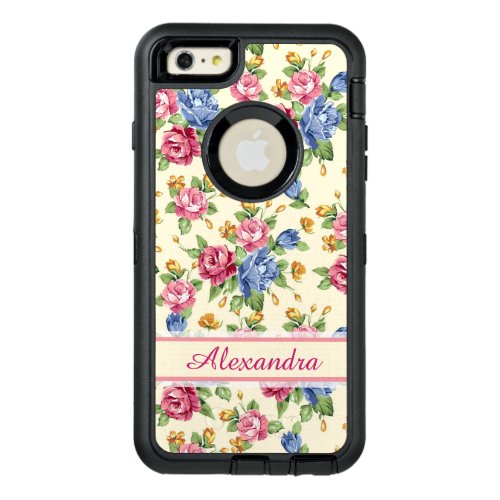 Pastel Romantic blossom Pink Red Blue Roses name OtterBox Defender iPhone Case