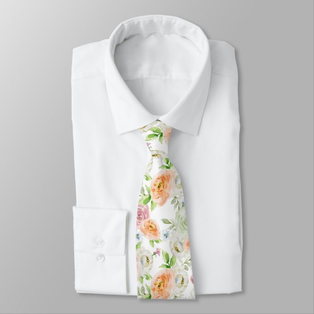 Pastel Romantic Roses Pattern Neck Tie (Tied)