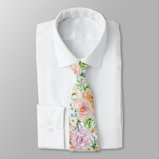 Pastel Romantic Roses Pattern Short  Neck Tie (Tied)