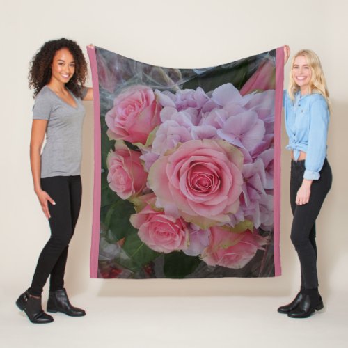 Pastel Rose and Hydrangea Flowers Fleece Blanket
