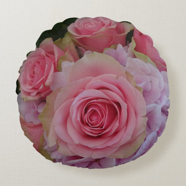 Pastel Rose and Hydrangea Flowers Round Pillow (Front)
