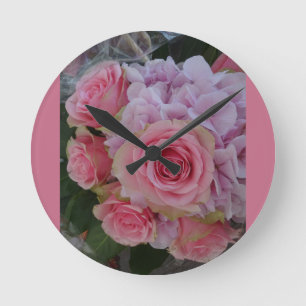 Pastel Rose and Hydrangea Flowers Wall Clock