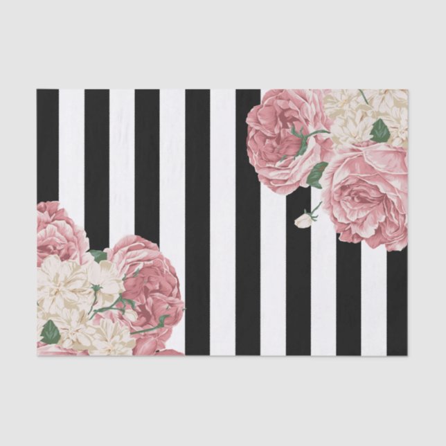 Pastel Rose, Black, White Stripes Tissue Paper (Front)