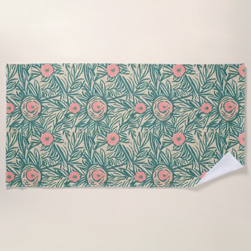 Pastel Rose  Botanical Greenery Pattern Beach Towel