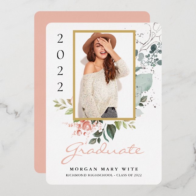   Pastel Rose Eucalyptus Floral Photo Graduation   Foil Invitation (Front/Back)